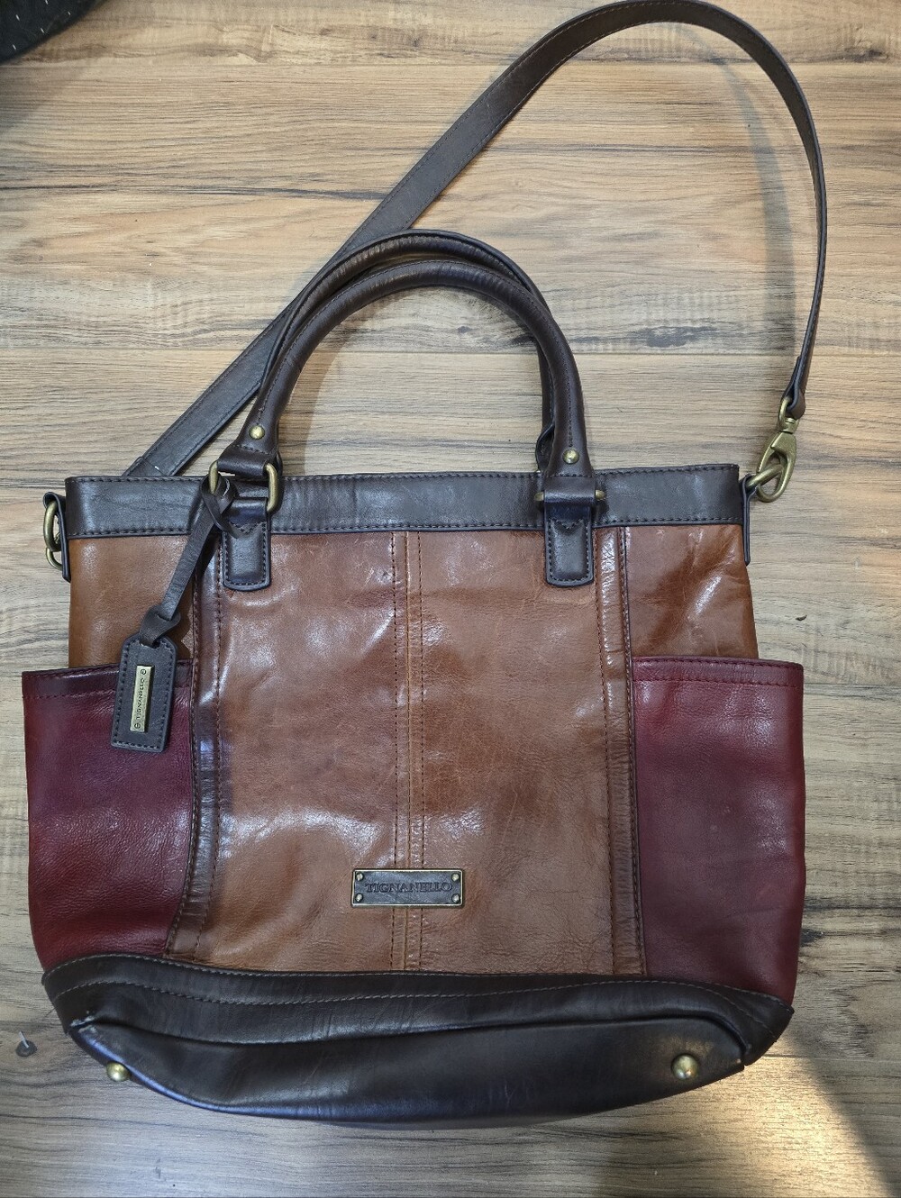Tignanello Two-Tone Brown and Burgundy Leather Tote with Adjustable Strap
